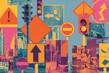 Creative composition of colorful urban street signs, energetic city art style.