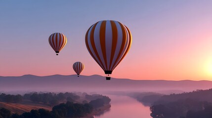 Fototapeta premium Majestic hot air balloons of vibrant colors gliding gracefully over a tranquil river valley as the sun rises, creating a breathtaking and picturesque scene