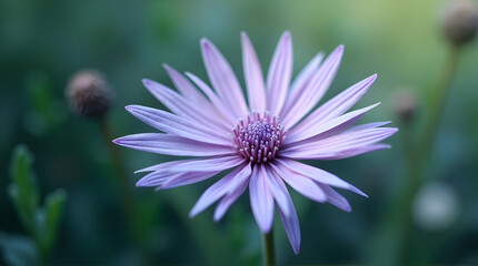 Close up of a light purple flower with a dark green background