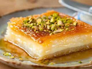 Knafeh，A decadent slice of Knafeh, a sweet cheese pastry soaked in sugar syrup and topped with crushed pistachios, served warm and golden.
