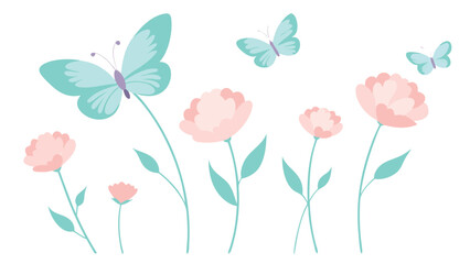 Naklejka premium Pastel flowers and butterflies isolated on white background beautiful floral arrangement with pink blooms and fluttering insects for spring designs