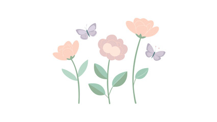 Delicate floral arrangement isolated on white background featuring peach flowers and lavender butterflies, creating a soft and charming spring illustration