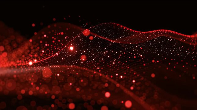 Abstract red wave of light particles on a black background