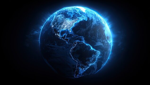 A glowing Earth from space showcasing North and South America with a cosmic backdrop