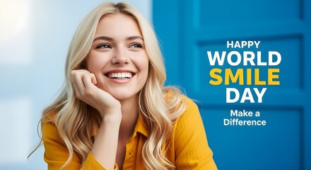 Joyful woman smiling brightly celebrating happy world smile day with a positive vibe