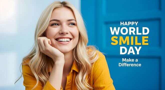 Joyful woman smiling brightly celebrating happy world smile day with a positive vibe