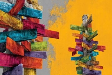 Creative composition of colorful urban street signs, energetic city art style.