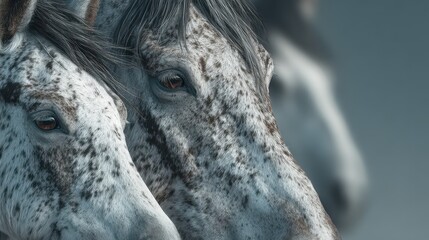 Close-up view of three spotted horses showing their unique patterns against a soft gray background