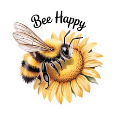 Cheerful bee perched on a vibrant sunflower, promoting happiness and positivity with style