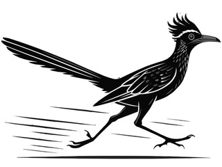 Obraz premium Illustration of a roadrunner bird running at a high speed with motion lines in black and white style