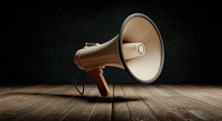 Beige megaphone on wooden floor (1)