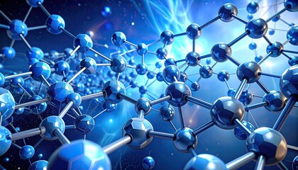 Abstract Molecular Network Structure with Blue Spheres and Bright Light Background, Complex Atom Connections and Deep Depth of Field Digital Art