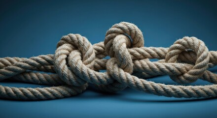 Close-up of complex nautical rope knots on a deep blue background