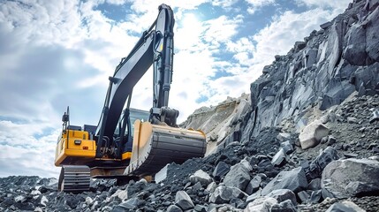 Excavator with a large yellow metal body, a long hydraulic arm, and a bucket at the end, operating at a construction site to dig soil, lift rocks, and load debris into trucks, equipped with heavy-duty