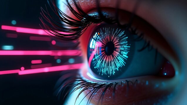 A human eye with a futuristic, glowing digital pattern in the iris, surrounded by neon pink and blue lights.