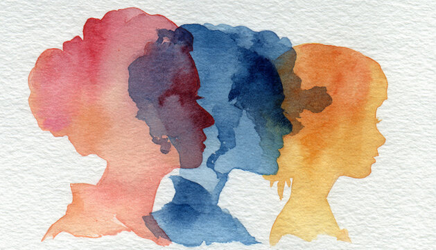 Watercolor of three overlapping silhouettes showing grandmother, mother, and child in profile, each filled with soft gradient colors 