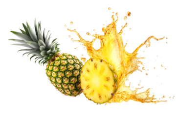 Fresh pineapple with vibrant splash of juice, showcasing tropical fruit's juicy texture and refreshing nature. Isolated on transparent background. PNG, cutout.