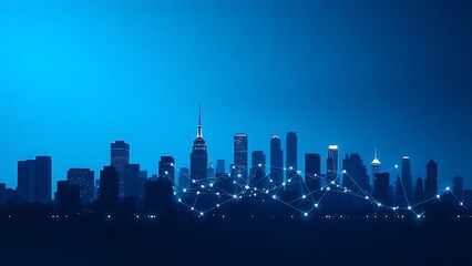 Naklejka premium Abstract city skyline silhouette with glowing connection nodes against a blue gradient backdrop.