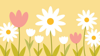 Seamless pattern with cute pink and white daisies and tulips on a yellow background, floral vector illustration for wallpaper, fabric, gift wrap, and textile design
