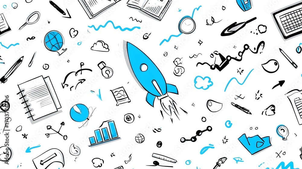 Poster a lively, interconnected workspace filled with icons and symbols representing various aspects of sta