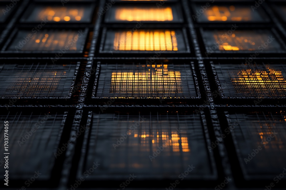 Poster a digital display of layered encryption fields over a dark grid interface