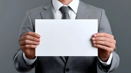 A business professional in a suit holding a blank white document or sign, suggesting a corporate presentation, announcement, or advertisement.