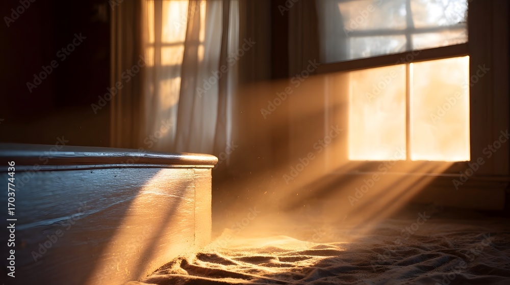 Poster warm, golden sunlight streams through a window, casting a soft glow and creating intriguing shadows 