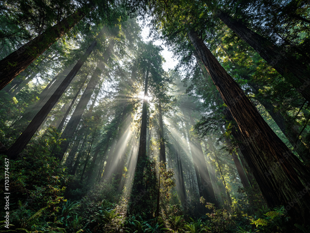 Poster sunbeams stream through a misty redwood forest illuminating the towering trees and lush undergrowth 