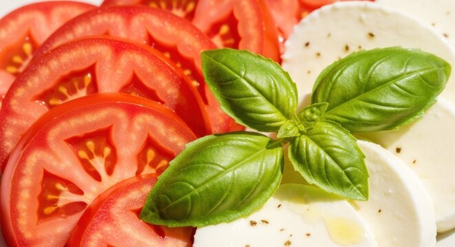 Close-up of sliced tomatoes and mozzarella with basil