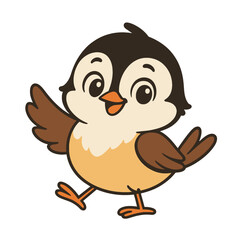 Fototapeta premium Cute, happy, friendly cartoon bird character illustration, an adorable black and brown avian with a white chest, orange beak, and big smiling eyes, cheerfully waving hello, perfect for kid-friendly de