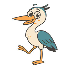 Delightful cartoon heron/stork illustration, featuring a cheerful, happy bird with a long orange beak, cream body, and blue-green wings, playfully walking on long yellow legs, perfect for children's c