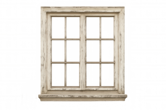 Aged white wooden window frame, weathered texture revealing vintage architectural character against transparent backdrop