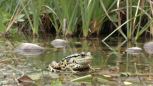 Amphibian Species Known as the Southern Bell Frog Residing in Pond Densely Covered with Aquatic Weeds