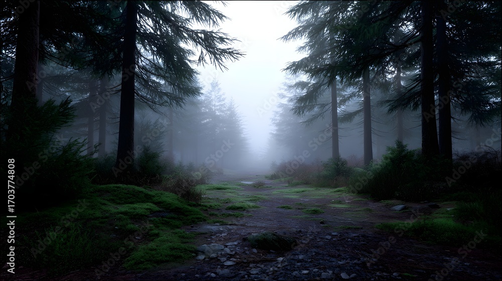 Poster A serene and mysterious forest path winding through a misty, evergreen landscape, inviting explo n and contemplation.