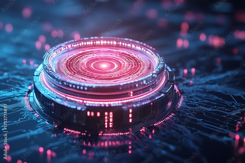 Poster a futuristic vault visual with encrypted data rings orbiting a central core
