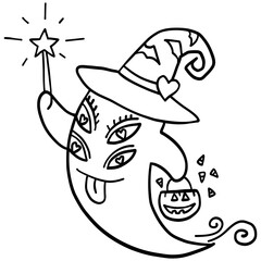 halloween illustration. Whimsical four-eyed ghost with a wizard hat, wand, and Halloween pumpkin bucket.