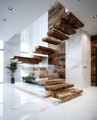 Modern, floating wooden steps ascend a marble-clad interior, showcasing a dramatic architectural design.