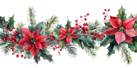 Vibrant watercolor illustration of festive garland with poinsettias and holly, adorned with red berries and lush greenery. Isolated on transparent background. PNG, cutout.