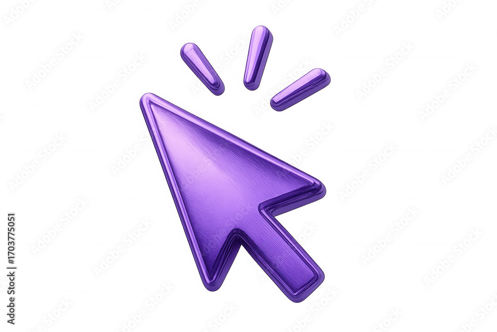 Poster brushed metal purple mouse cursor clicking, with transparent background, ideal for web design and us
