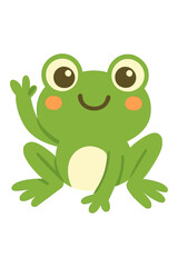 Adorable vibrant cartoon green frog character illustration waving a friendly hello, featuring a charming smile, big round eyes, rosy cheeks, and a light belly, perfect for children's designs, nature t