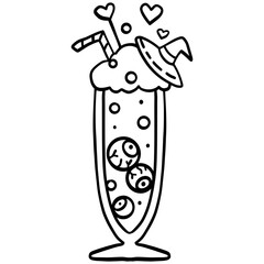 halloween illustration. Cartoon Halloween drink with eyeballs, straw, and witch hat in tall glass.