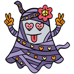 Fototapeta premium halloween illustration. Cute cartoon ghost with heart eyes, peace sign hands, and flower accessory.