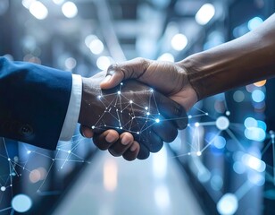 Business handshake with digital network overlay
