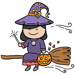 halloween illustration. Cute cartoon witch flying on broomstick with Halloween pumpkin bucket