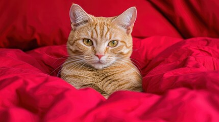 Orange tabby cat resting comfortably on bright red bedding, featuring large expressive eyes and soft fur, creating a cozy and inviting atmosphere