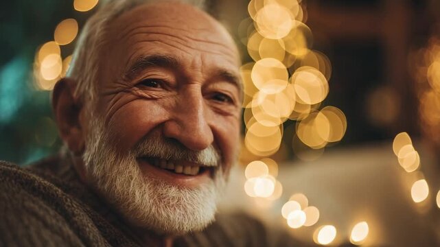 Smiling elderly man with a white beard in a cozy room, warm fairy lights twinkle in the background.