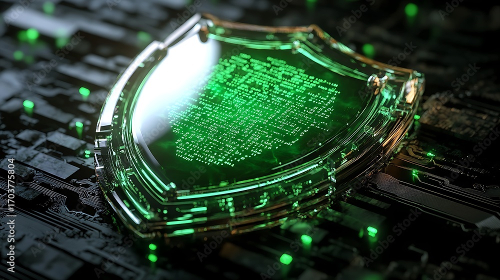 Poster a glowing shield composed of transparent encrypted disks protecting inner code