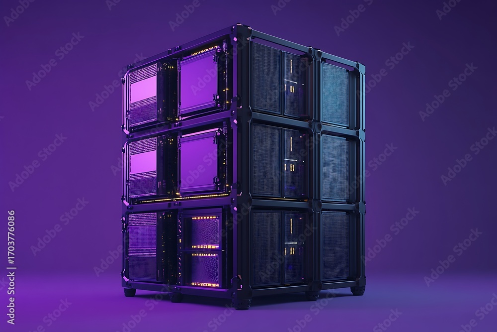Poster a high-tech server representation with stacked, encrypted protective panels