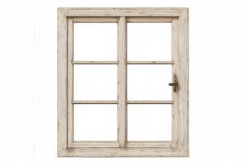 Weathered white wooden window frame isolated on transparent background, showing signs of age and wear