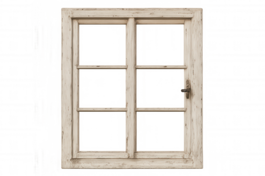 Weathered white wooden window frame isolated on transparent background, showing signs of age and wear